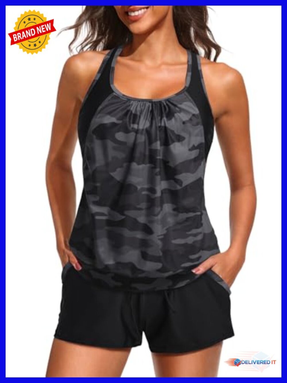 Tummy Control Tankini Set with Pockets Shorts Racerback Blouson Swimwear
